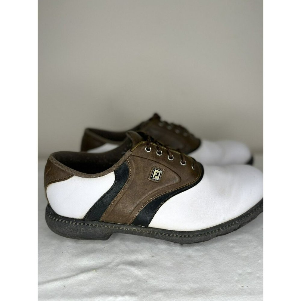 FootJoy Men's Golf Shoes Size 9 M (45330) White/Brown Soft Spikes